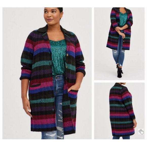 Torrid Jackets & Blazers - Torrid Women's Striped Collared Coatigan Sweater Size 2 Cozy Statement